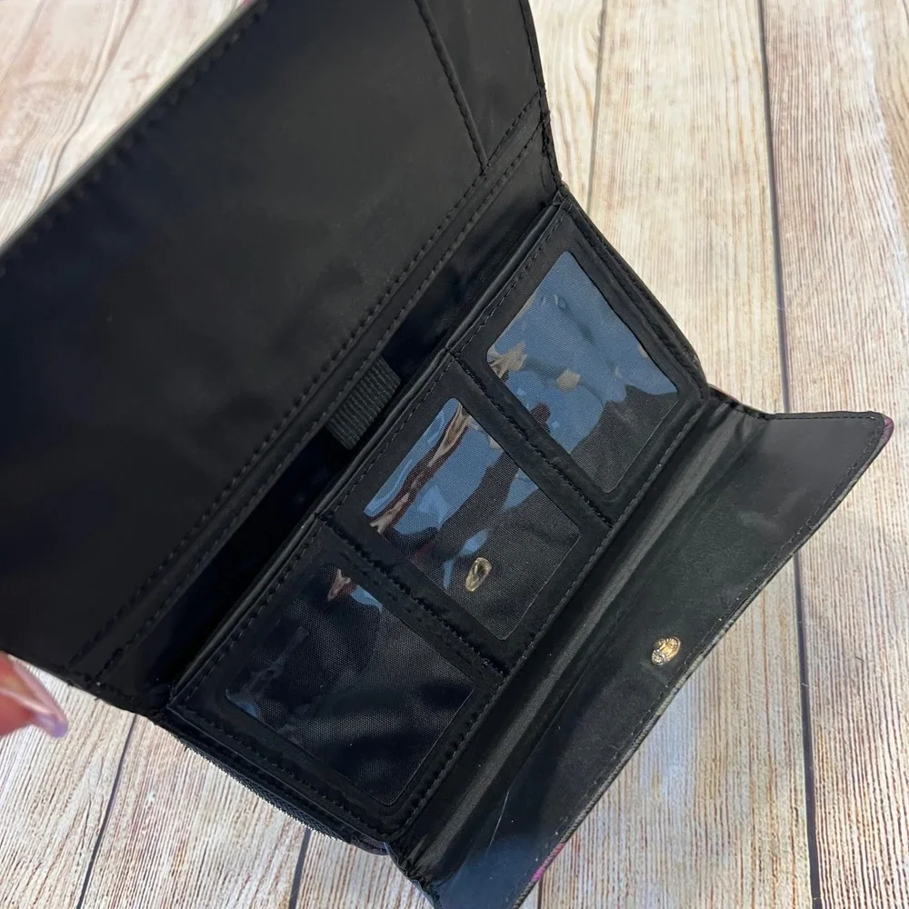 Guang TongVegan Leather Wristlet Wallet Black‎ Gold Hardware Organizer Floral
